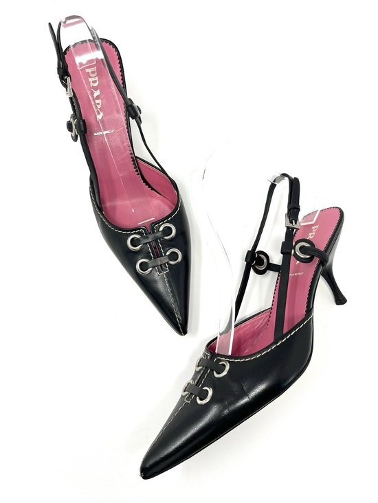 Prada Shoes - Vintage Prada 90s Black Leather Pointed Toe Grommet Slingback Kitten Heels 37.5